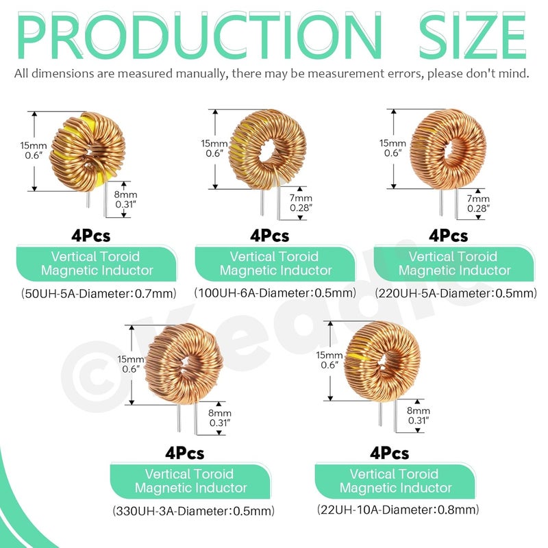Keadic 20Pcs Vertical Toroid Magnetic Inductor Assortment Set 22uH 50uH 100uH 220uH 330uH Copper Wire Wind Wound Inductance Copper Coil Toroid Inductor for Transformers DIY Circuit Board - Image 2